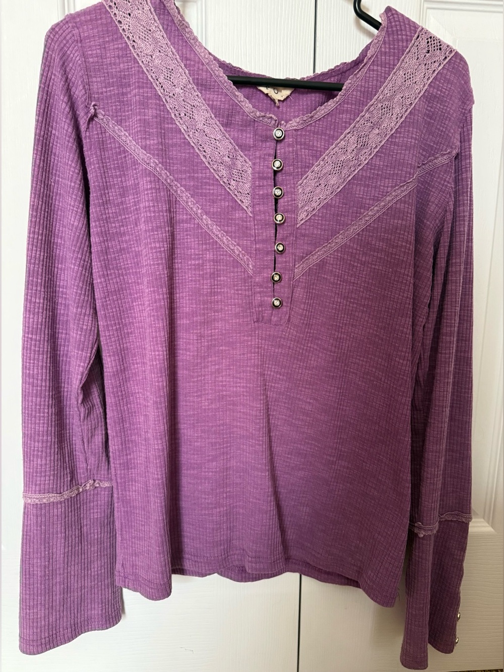 POL Purple Long Sleeve Lace Trim Henley Top Buttons Lilac